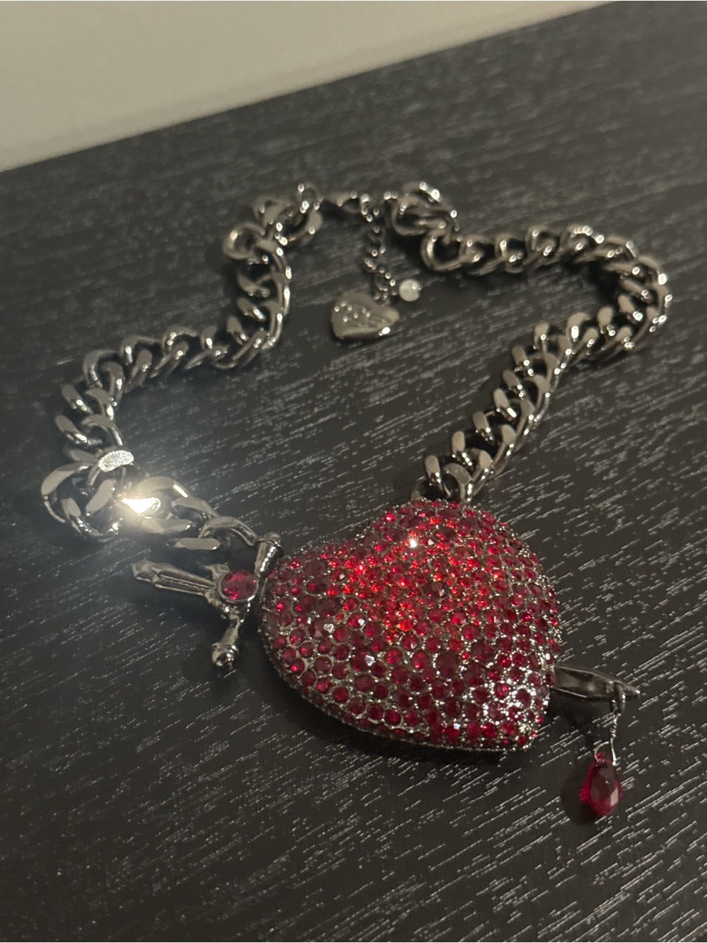 Betsey Johnson Silver-Tone Chain Necklace with Red Crystal Heart Pendant